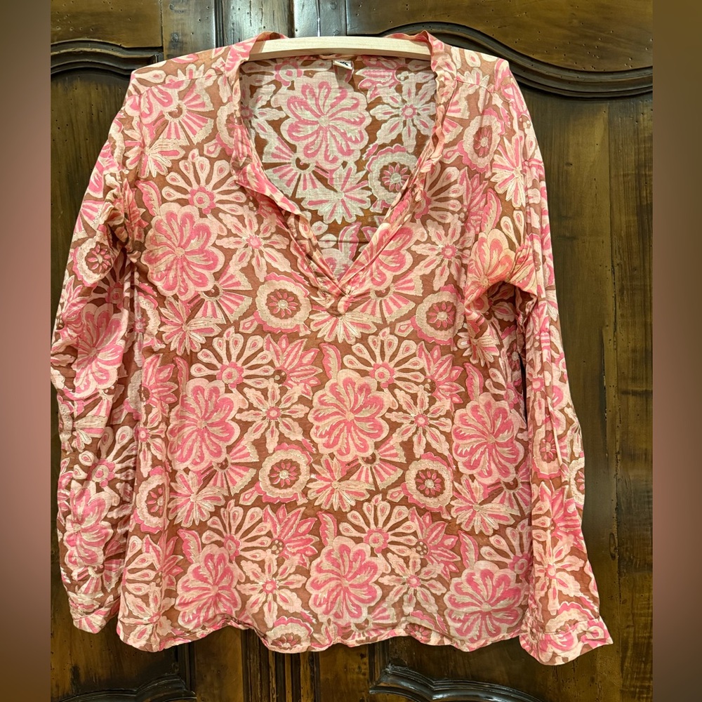 Kerry Cassill Brown and  Pink Floral V-Neck Long Sleeve Top size size 2 (medium)